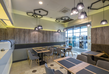 Interior of restaurant. Wooden design. Modern style.