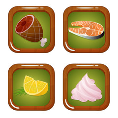 Set of Food Icons with Meat, Fish, Lemon and Zephyr Marshmellow