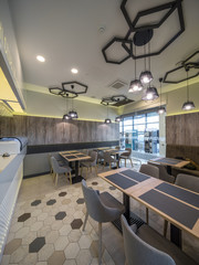 Interior of restaurant. Wooden design. Modern style.