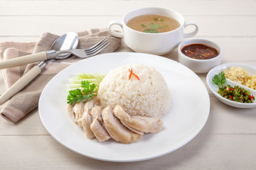 Hainanese chicken rice on the table