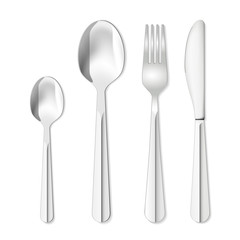 Top view cutlery set of stainless fork, spoon and knife