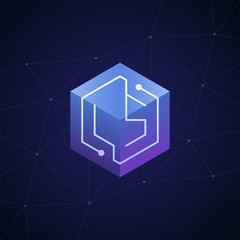 Initial letter LS, block chain, looping mono line circuit letter on hexagon cube logo, blue magenta gradient color on black blue network background