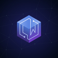 Initial letter LW, block chain, looping mono line circuit letter on hexagon cube logo, blue magenta gradient color on black blue network background