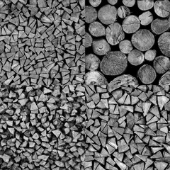 Set of dry chopped firewood and wood logs.