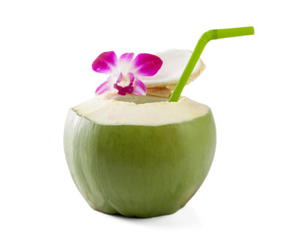 Green coconuts with drinking straw isolated