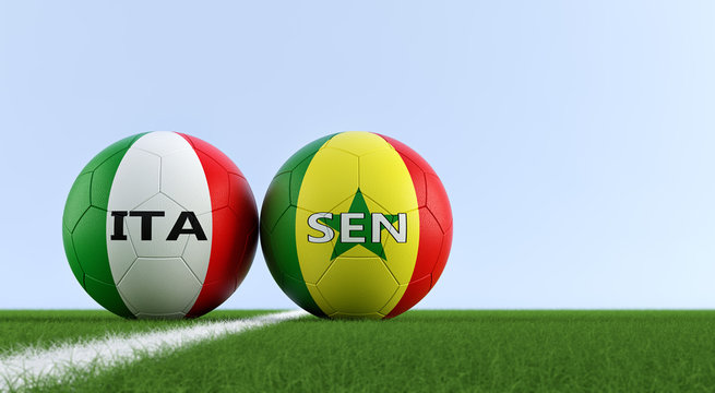 Senegal vs. Italy Soccer Match - Soccer balls in Italys and Senegals national colors on a soccer field. Copy space on the right side - 3D Rendering 