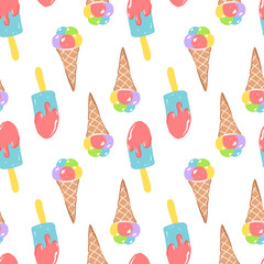 Ice cream simple sketh drawn by hand seamless pattern in cartoon style with cone, eskimo. For wallpapers, web background, textile, wrapping, fabric, baby design. Bright color