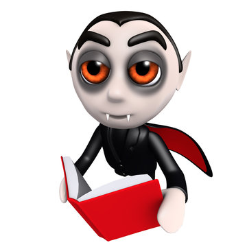 3d Funny cartoon dracula vampire character reading a book while flying