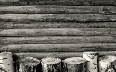 Wall of wood.Fragment of an old timbered wall.