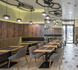 Interior of restaurant. Wooden design. Modern style.