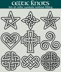 Set of celtic symbols without filling. 9 symbols made with Celtic knots for use in tattoos or designs.