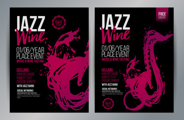 Brochure design template with hand drawing saxophone and wine stains. Music and wine concept.