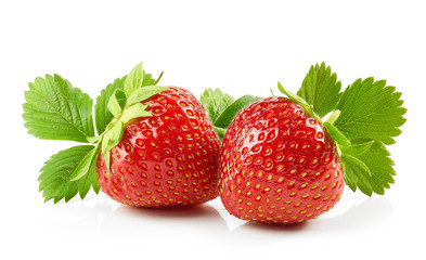 fresh red strawberries with green leaves