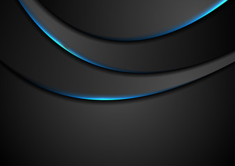 Black abstract wavy background with blue neon light