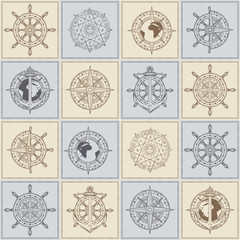 Fototapeta premium VVector seamless background on the theme of nautical travel, adventure and discovery. Wind roses, ship anchors, compasses, helms and other nautical symbols on the checkered background in vintage style