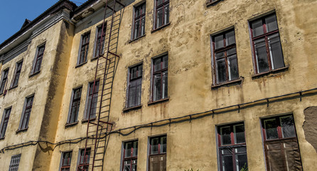 Old abandoned hospital. Medical complex. Old architecture. Architectural heritage. Majestic old building