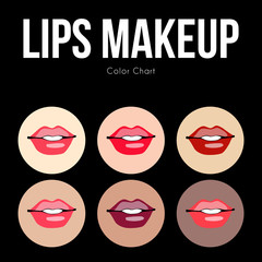 Fototapeta premium How to make ideal color chart for a make-up lipstick tutorial. Set of glamor women lips with different lipstick colors. Makeup with women's lipstick and skin tone. Vector illustration fashion design