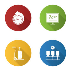 Airport service flat design long shadow glyph icons set