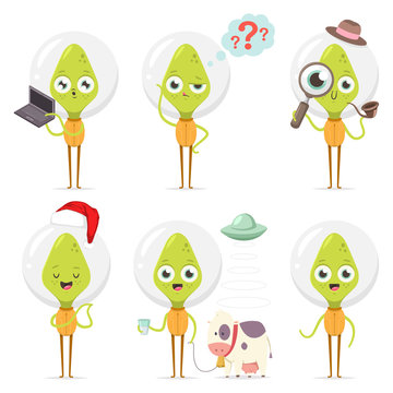 Cute green alien cartoon character in a detective costume, in Santa Claus hat, with a thinking speech bubble, laptop, cow and UFO. Vector set isolated on a white background.