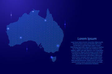 Silhouette of Australia country from wavy blue space sinusoid lines and glowing stars. Contour state of creative luminescence curve. Vector illustration.