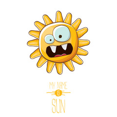 vector funky cartoon style summer sun character isolated on white background. My name is sun concept illustration. funky kids summer character with eyes and mouth