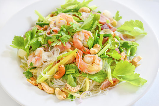 Spicy Shrimp and cashew nut vermicelli salad, glass noodle spicy salad Thai call Yum Woon Sen the delicious Thai food.
