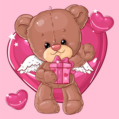 Teddy bear. Children character. Gift card. Happy birthday or valentine's day greeting card.