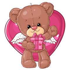 Teddy bear. Children character. Gift card. Happy birthday or valentine's day greeting card.