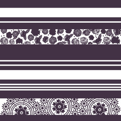Purple seamless horizontal striped pattern with flowers and doilies. Perfect for fabric, gift wrap, scrap booking, wallpaper