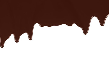 Melted chocolate dripping on white background