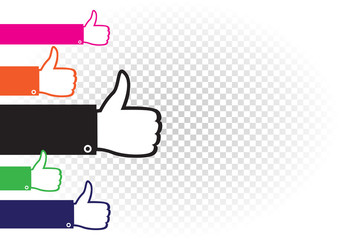 Many hands show like. Multicolor hand palm set with raised upward finger on white transparent background. Good well sign collection