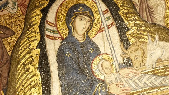Nativity scene in the dome beautiful Byzantine mosaics
