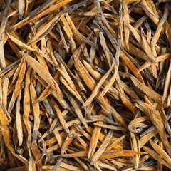 Golden needles from Fenzin / Perfectly suitable tea composition for backgrounds and textures.
Many different varieties and shapes on one square photo. Top view.
The High-End Tea of China.
