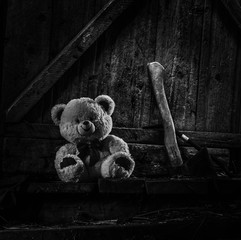 Teddy bear sitting in thrown shed.