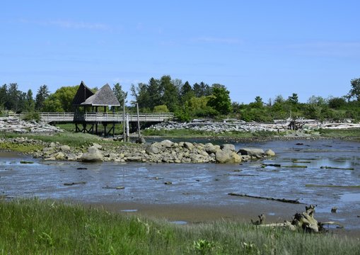 view across the estuary towards the covered footbridge at the Air Park in Courtenay, Vancouver Island British Columbia Canada