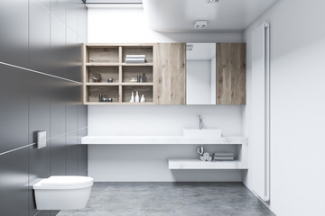 White lavatory interior, cabinets