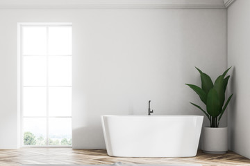 Fototapeta na wymiar White loft bathroom interior, tub and plant