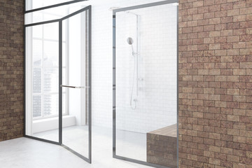 Brick modern bathroom interior, shower side view