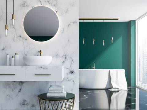 Marble and green bathroom interior close up