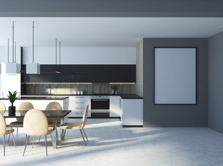 White and wooden loft kitchen, table and poster