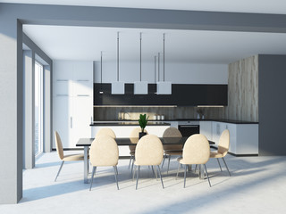 White, black and wooden kitchen interior