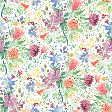 Seamless Watercolor background with floral patterns. Red tulips, chamomile, green leaves. Summer ornament. It can be used for wallpaper, printing on the packaging paper, textiles.