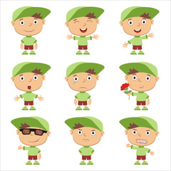 Set of little funny boy in baseball cap in different poses and emotion isolated on white background.