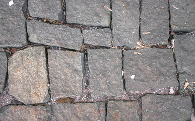 Fragment of a park sidewalk, paved with dark grey natural stone, close up.