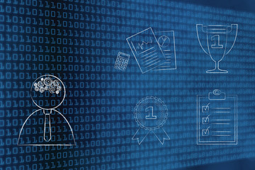 businessman with gearwheel mind next to group of work-related icons and 1st place trophy and ribbon