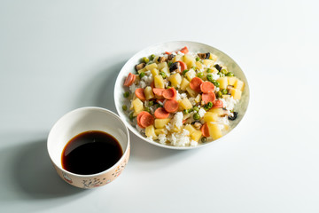 white background and cooked rice