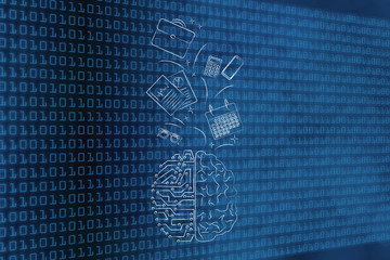 half humand half digital brain with office items flying in or out of it