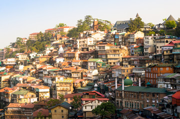 Fototapeta na wymiar Colorful buildings on the side of a mountainside on a dawn morning. Shot in shimla it shows the sloping roof buildings with trees in between