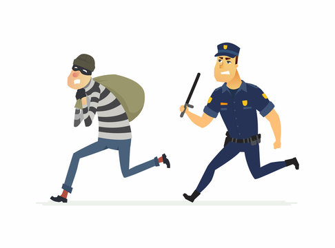 Thief and policeman - cartoon people characters illustration