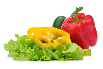 pepper sweet red, green,yellow and lettuce isolated on a white background.